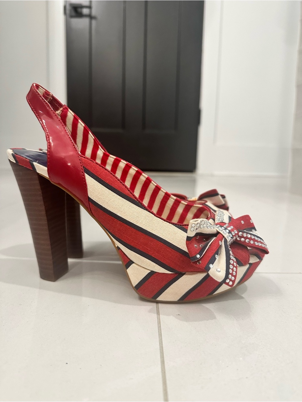 Gianni Bini Red and Cream Striped Peep-Toe Slingback Heels with Bow